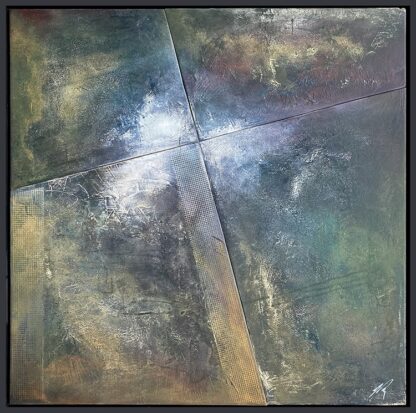 Textured, abstract painting comprising 4 individual panels cut at an angle, painted seperately and joined together again on completion. Several layers of acrylic underpainting were followed by oils and cold wax